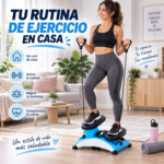 Mujer sonriente usando plataforma vibratoria azul con bandas de resistencia sobre piso de madera en sala iluminada.