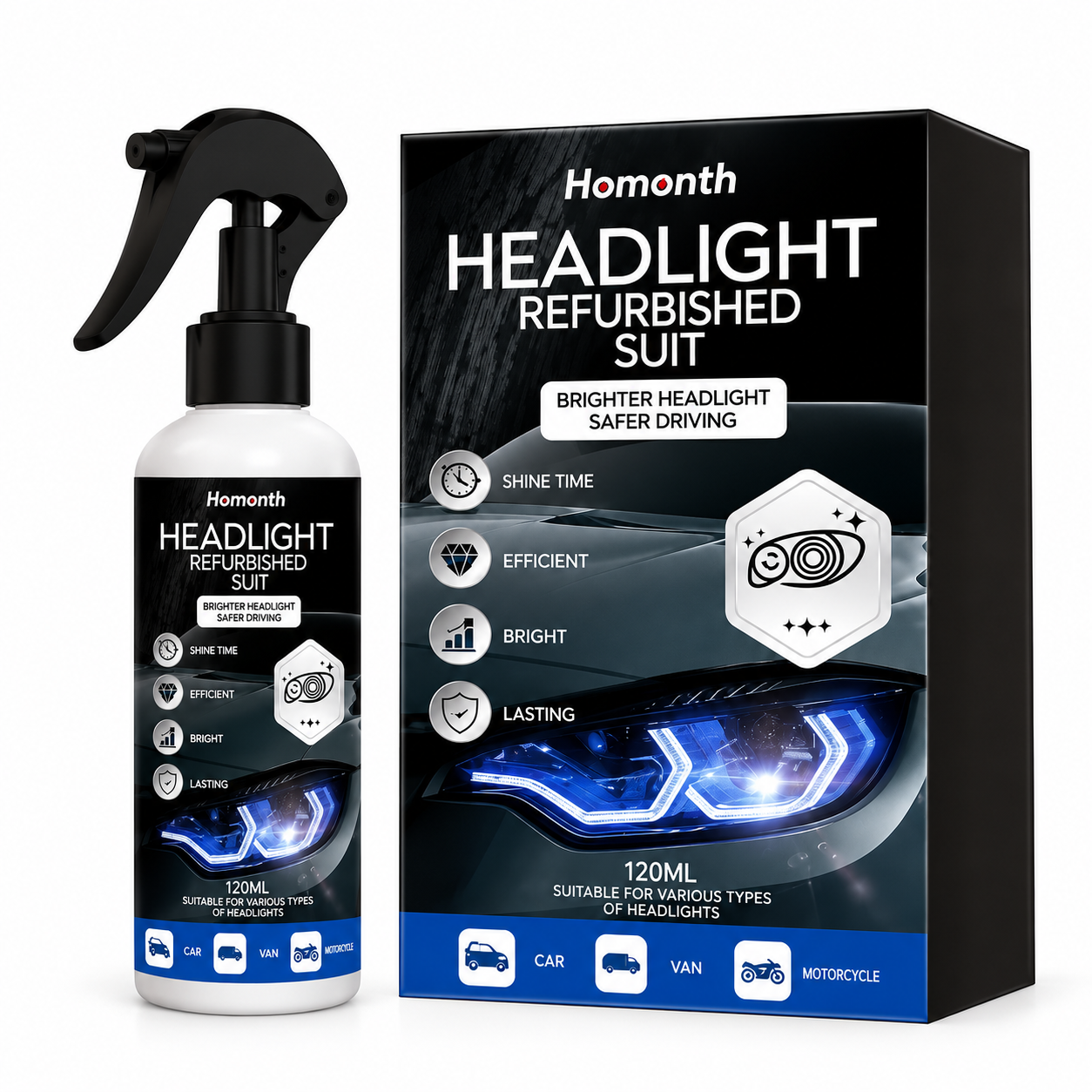 Botella blanca con atomizador negro de líquido renovador de farolas y su caja negra con diseño de automóvil azul.