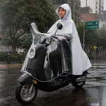 Poncho de lluvia EVA blanco con panel transparente frontal para moto, protegiendo al conductor en una calle urbana bajo la lluvia.