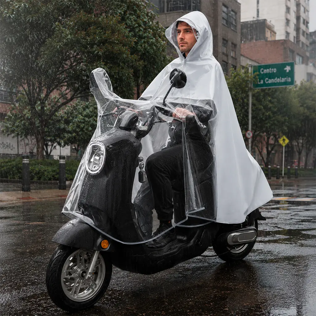 Poncho Lluvia Moto EVA con Capucha Doble Visera y Panel Transparente - Protege a conductor y equipaje manteniéndolos secos en trayectos urbanos bajo lluvia