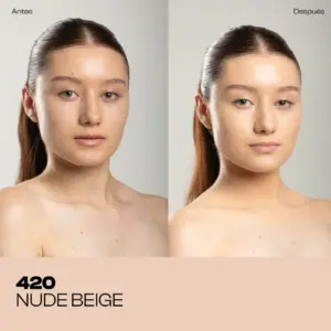Rostro de mujer con efecto antes y después de la base Stay Mate tono 420 Nude Beige, mostrando piel uniforme, mate y sin imperfecciones.
