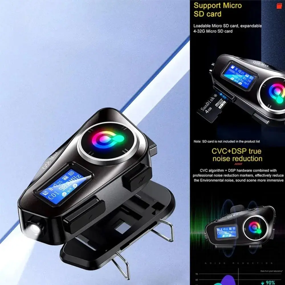 Intercomunicador Q58-Max negro para moto, con pantalla azul, botón circular con luces de colores y soporte de montaje, mostrado junto a detalles de ranura Micro SD y cancelación de ruido