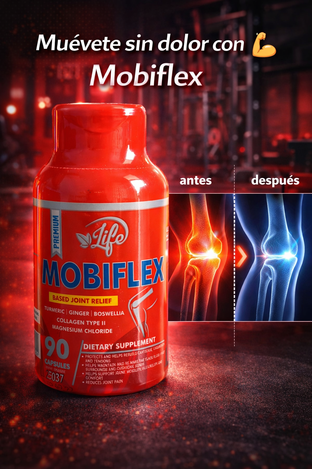 Frasco rojo de Mobiflex con 90 cápsulas para alivio articular. Muestra de rodilla inflamada y sana sobre fondo oscuro de gimnasio.
