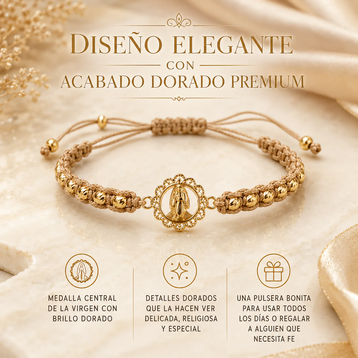Pulsera Virgencita Milagrosa de acero dorado y hilo - Lleva protección y esperanza contigo diariamente