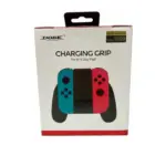 Empaque de cargador ergonómico DOBE para Joycon de Nintendo Switch con de mandos azul y rojo.