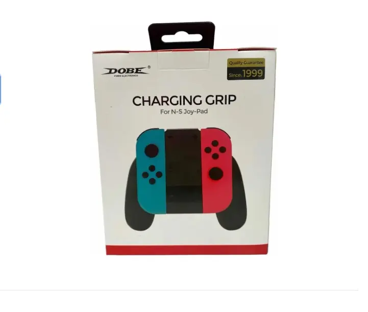 Empaque de cargador ergonómico DOBE para Joycon de Nintendo Switch con de mandos azul y rojo.