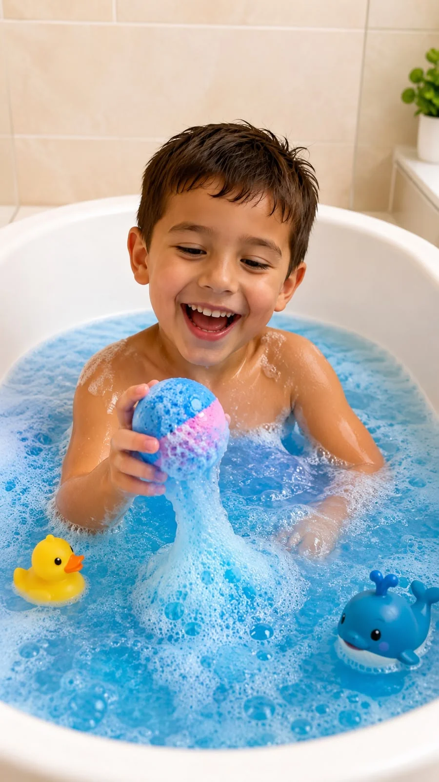 Niño jugando en bañera con agua azul y espuma, usando bomba de baño azul y rosa efervescente junto a juguetes de pato y ballena.