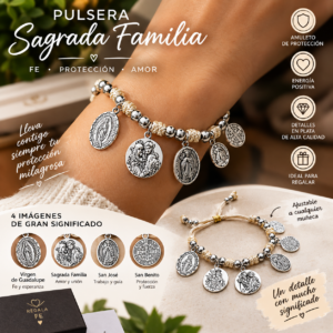 Pulsera de plata y cordón beige con dijes religiosos de la Sagrada Familia, Virgen y San Benito, colocada en la muñeca.