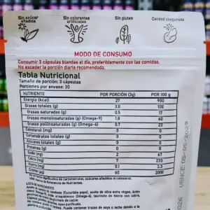 Tabla nutricional y modo de uso en bolsa blanca de suplemento con cápsulas, indicando porción de 3 unidades y 30 porciones por envase.