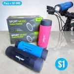 Parlante Zealot S1 con linterna LED en colores azul, rosa y negro, junto a sus cajas y un modelo montado en el manubrio de una bicicleta.