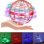Esfera voladora LED con efecto spinner sostenida por una mano, disponible en colores verde, rojo, azul y multicolor RGB.