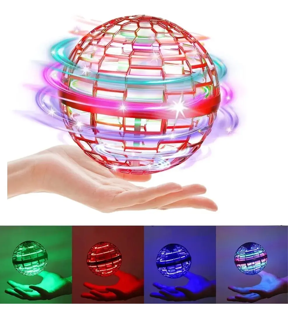 Esfera voladora LED con efecto spinner sostenida por una mano, disponible en colores verde, rojo, azul y multicolor RGB.