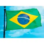 Bandera de Brasil para exterior de 150x90 cm en poliéster verde y amarillo ondeando en un asta metálica contra un cielo azul.