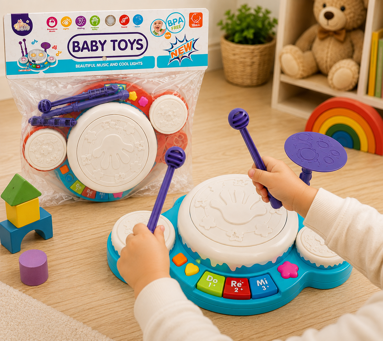 Batería didáctica infantil con luces y sonidos interactivos - Estimula la coordinación motriz y el ritmo musical