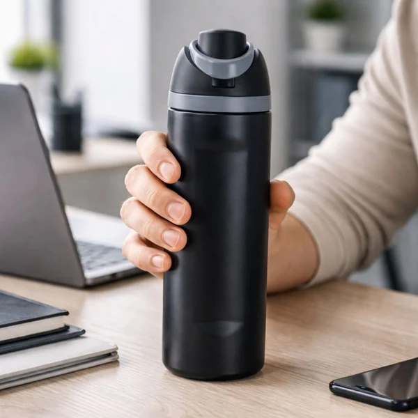 Termo deportivo negro mate de acero inoxidable con doble boquilla gris, sostenido en una mano sobre un escritorio de madera.
