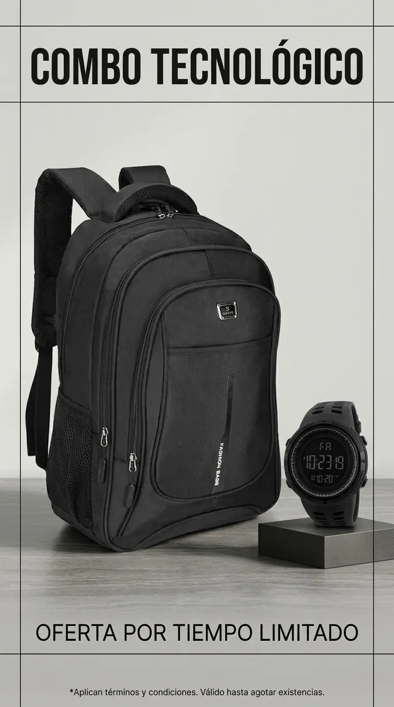 Mochila escolar negra de lona con múltiples compartimentos y reloj digital deportivo redondo sobre soporte gris.