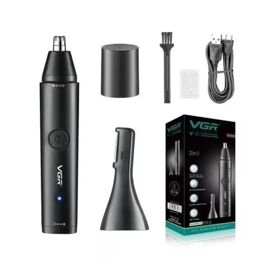 Depiladora nasal inalámbrica 2 en 1 Vgr613 en color negro mate, con cabezal rotativo para nariz, cabezal secundario para detalles, tapa protectora, cepillo de limpieza, cable de carga USB y caja de empaque.