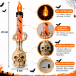 Set x2 Vela LED mano de esqueleto 21 cm decoración gótica Halloween - Ilumina tus espacios con una atmósfera misteriosa sin fuego real - Imagen 2
