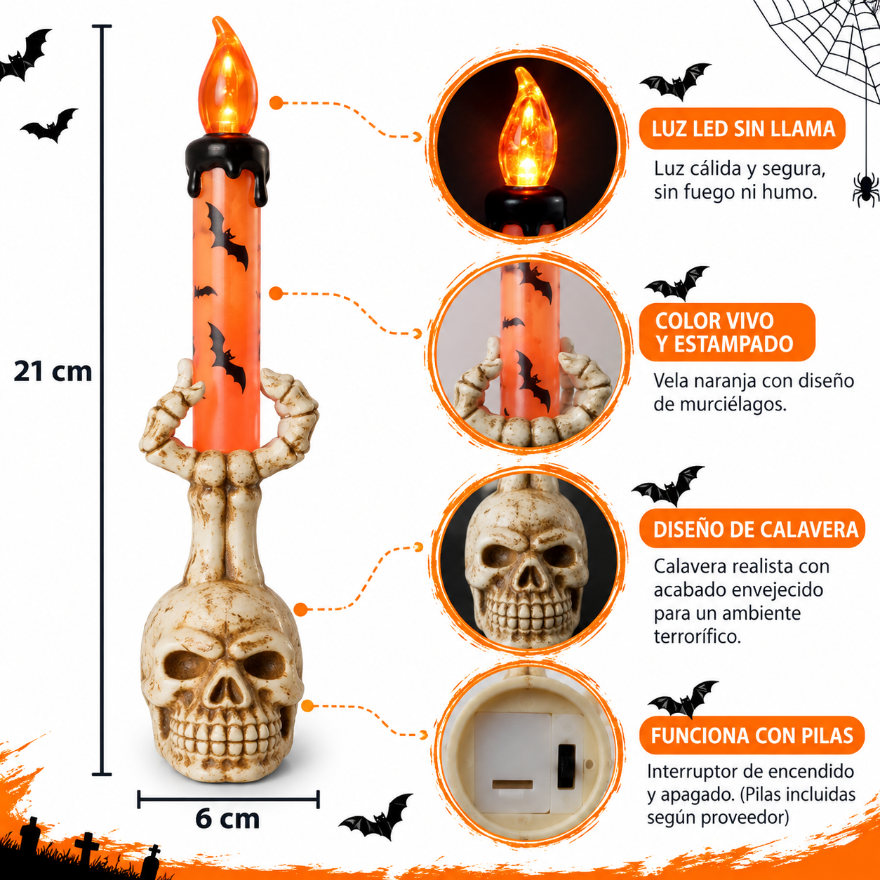 Set x2 Vela LED mano de esqueleto 21 cm decoración gótica Halloween - Ilumina tus espacios con una atmósfera misteriosa sin fuego real