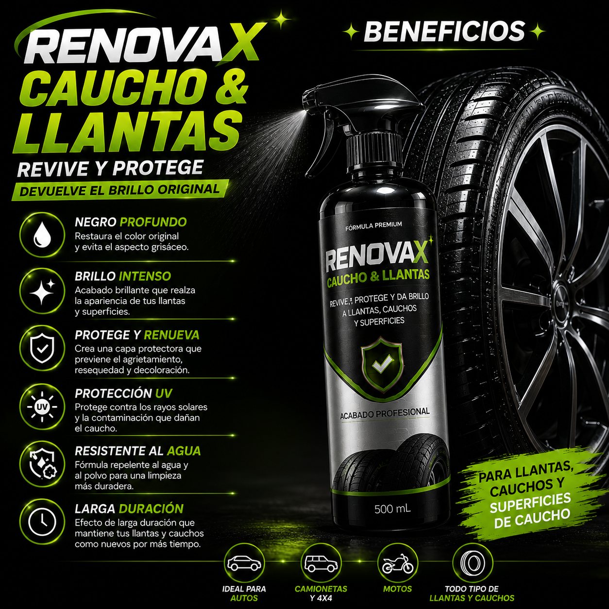 Atomizador negro de 500 ml para llantas y cauchos, con rociado sobre neumático brillante y texto verde.
