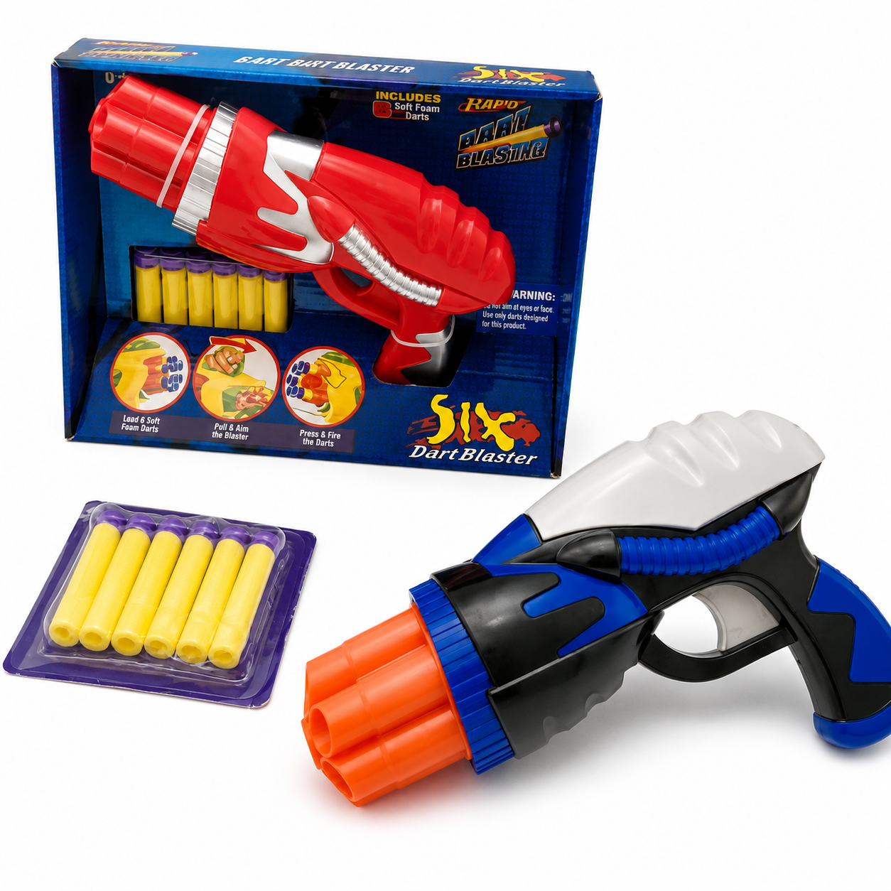 Pistola lanzadardos de juguete con cilindro rotativo en colores azul, negro y naranja, seis dardos amarillos y caja con variante en color rojo.