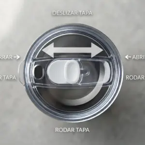 Tapa transparente para vaso térmico con boquilla deslizante e instrucciones de apertura y cierre sobre fondo gris.