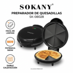 Preparador de quesadillas Sokany negro de 900W, muestra dos unidades: una cerrada y otra abierta con una quesadilla dorada dividida en cuñas.