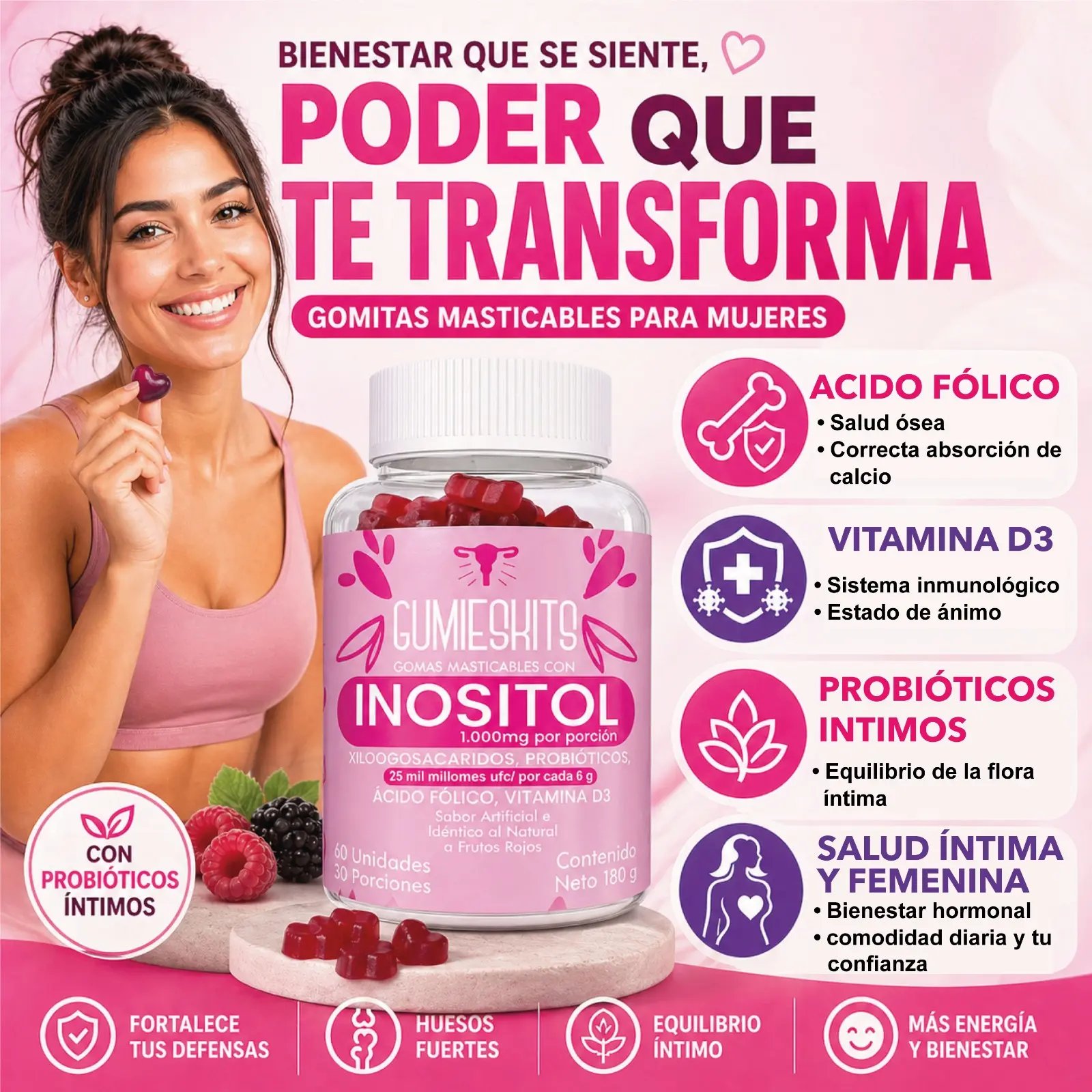 Frasco de gomitas masticables con inositol de 180 g, junto a una mujer sonriente sosteniendo una gomería en forma de corazón y frambuesas frescas.