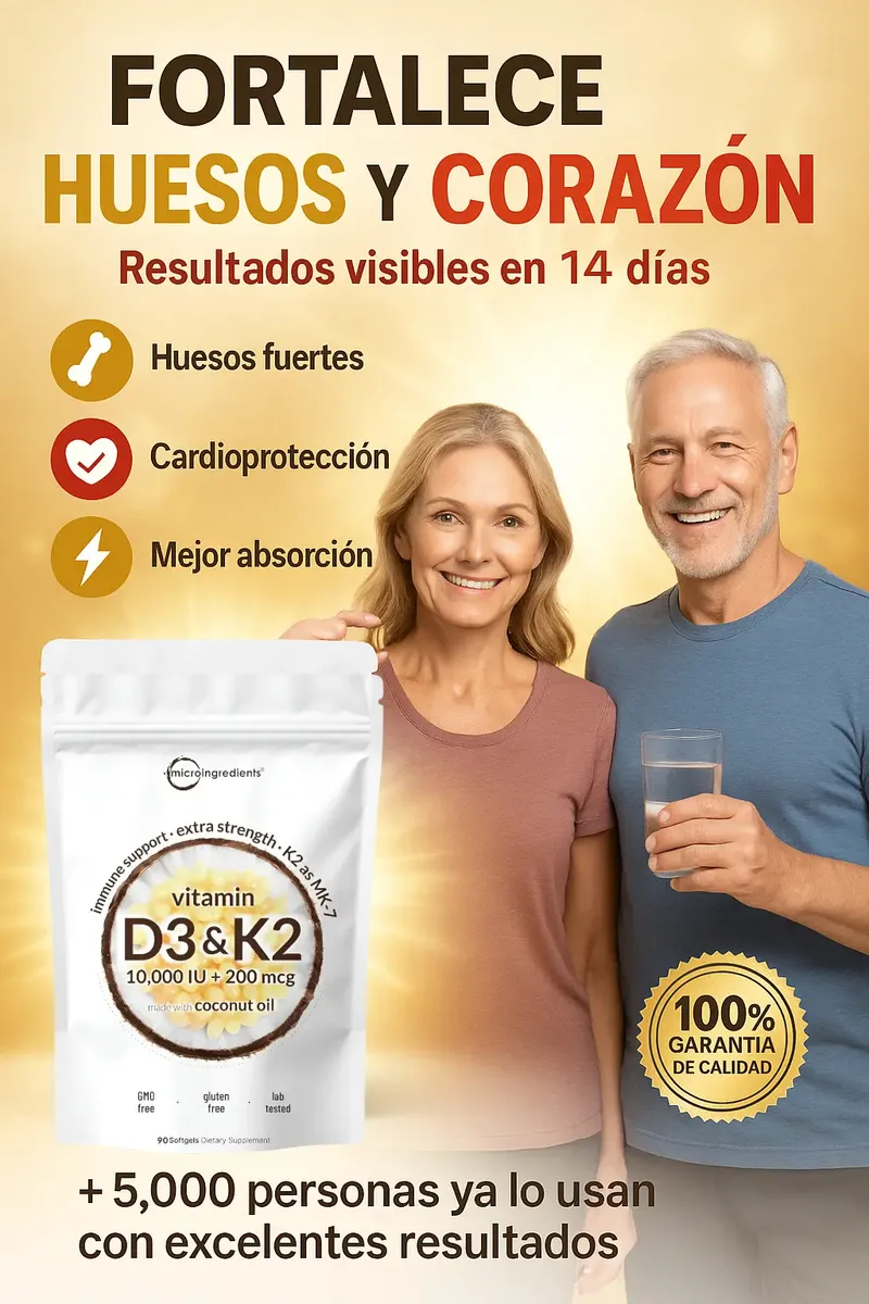 Empaque de vitamina D3 y K2 para salud ósea y cardiovascular, junto a una pareja de adultos mayores sonriendo sobre un fondo dorado cálido.
