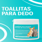 Frasco blanco de toallitas húmedas para dientes de mascotas con etiqueta turquesa que muestra un perro y un gato.