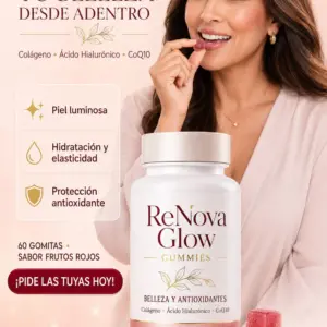 Gomitas ReNova Glow sabor frutos rojos con colágeno y ácido hialurónico; frasco blanco, gomitas rojas y una mujer sonriente consumiéndolas.