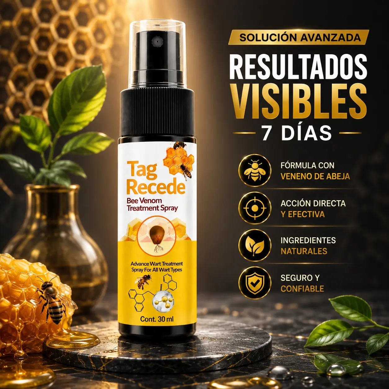 Spray Tag Recede removedor de verrugas con veneno de abeja, envase negro de 30 ml sobre fondo de panales de miel y hojas verdes.