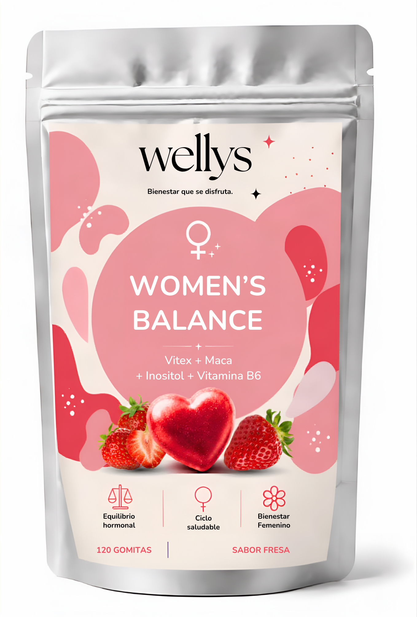 Bolsa metalizada con diseño rosa y blanco de 120 gomitas sabor fresa para equilibrio hormonal, con iconos de balanza y símbolo femenino.