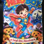 Bolsa de tela azul con cordón para Halloween, diseño de niño superhéroe volando, calabazas sonrientes y texto Sweet Hero Adventure.