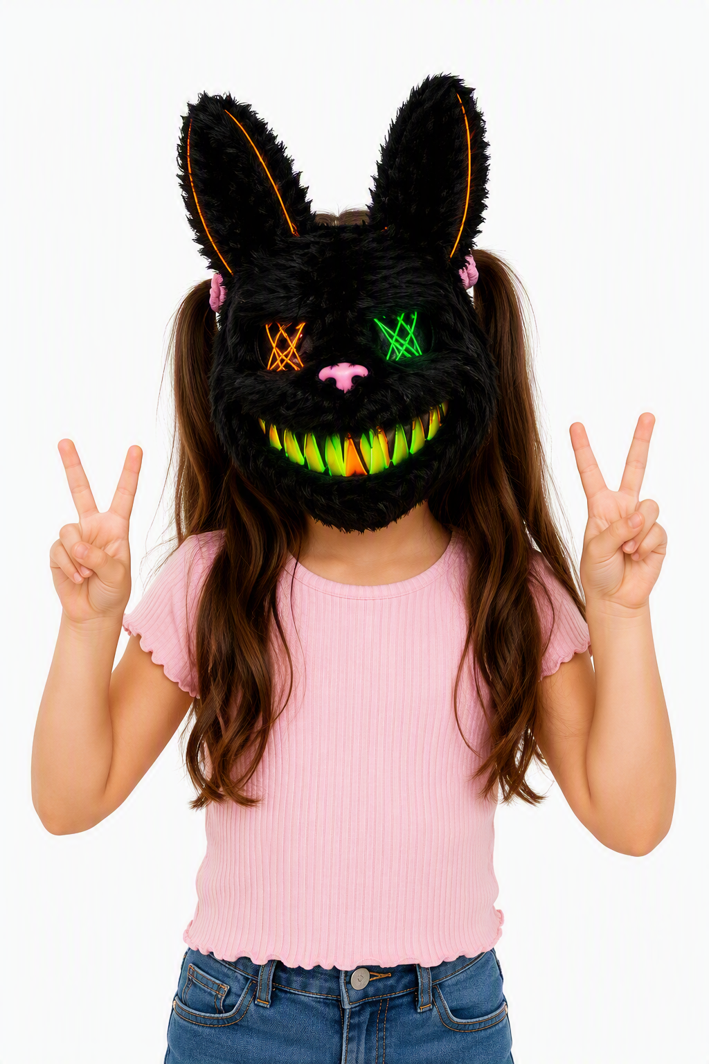Niña usando máscara de conejo LED negra con orejas peludas, ojos cruzados luminosos verde y naranja, y sonrisa brillante para fiestas.