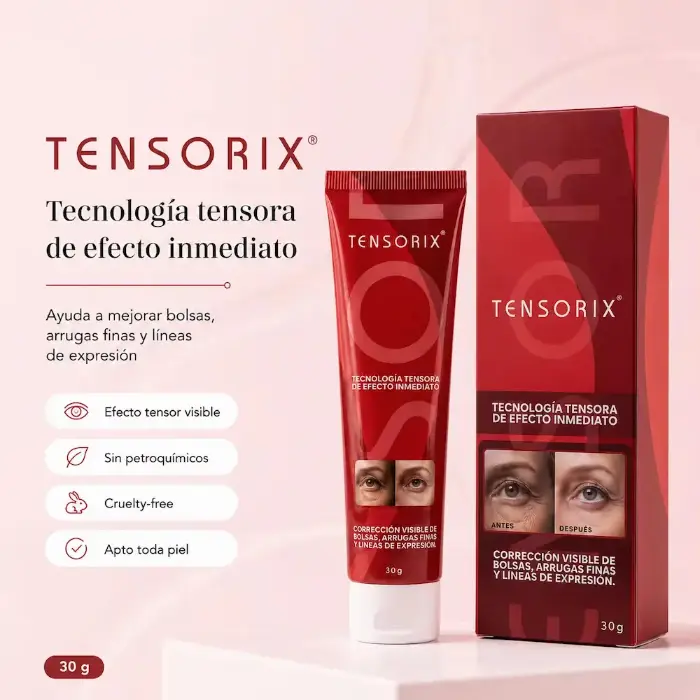 Crema contorno de ojos Tensorix de 30g en tubo y caja roja. Muestra efecto tensor inmediato para bolsas y arrugas con comparativa de ojos.