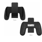 Cargador ergonómico negro para Joycon de Nintendo Switch. Muestra las vistas frontal y trasera del accesorio con su etiqueta de información.