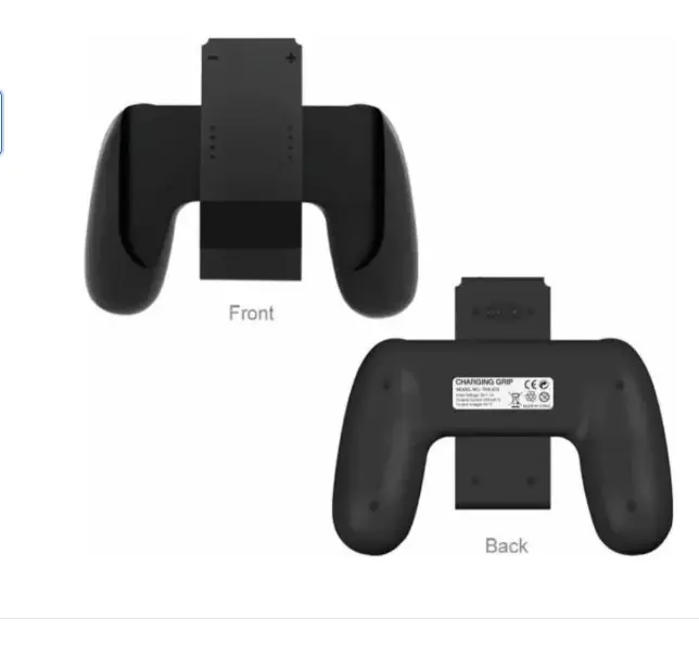 Cargador ergonómico negro para Joycon de Nintendo Switch. Muestra las vistas frontal y trasera del accesorio con su etiqueta de información.