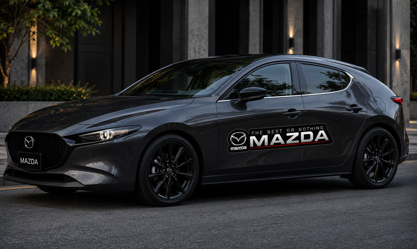 Automóvil gris oscuro estacionado en la calle, equipado con un sticker lateral de la marca en blanco y rojo.