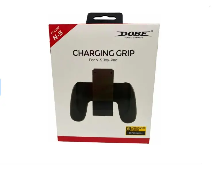 Empaque de cargador ergonómico DOBE para Joycon de Nintendo Switch, caja blanca con detalles rojos e negra del accesorio.