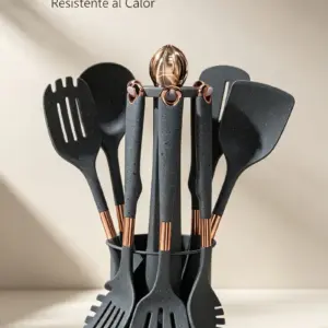 Set de 7 utensilios de cocina en silicona gris jaspeado con base organizadora cilíndrica