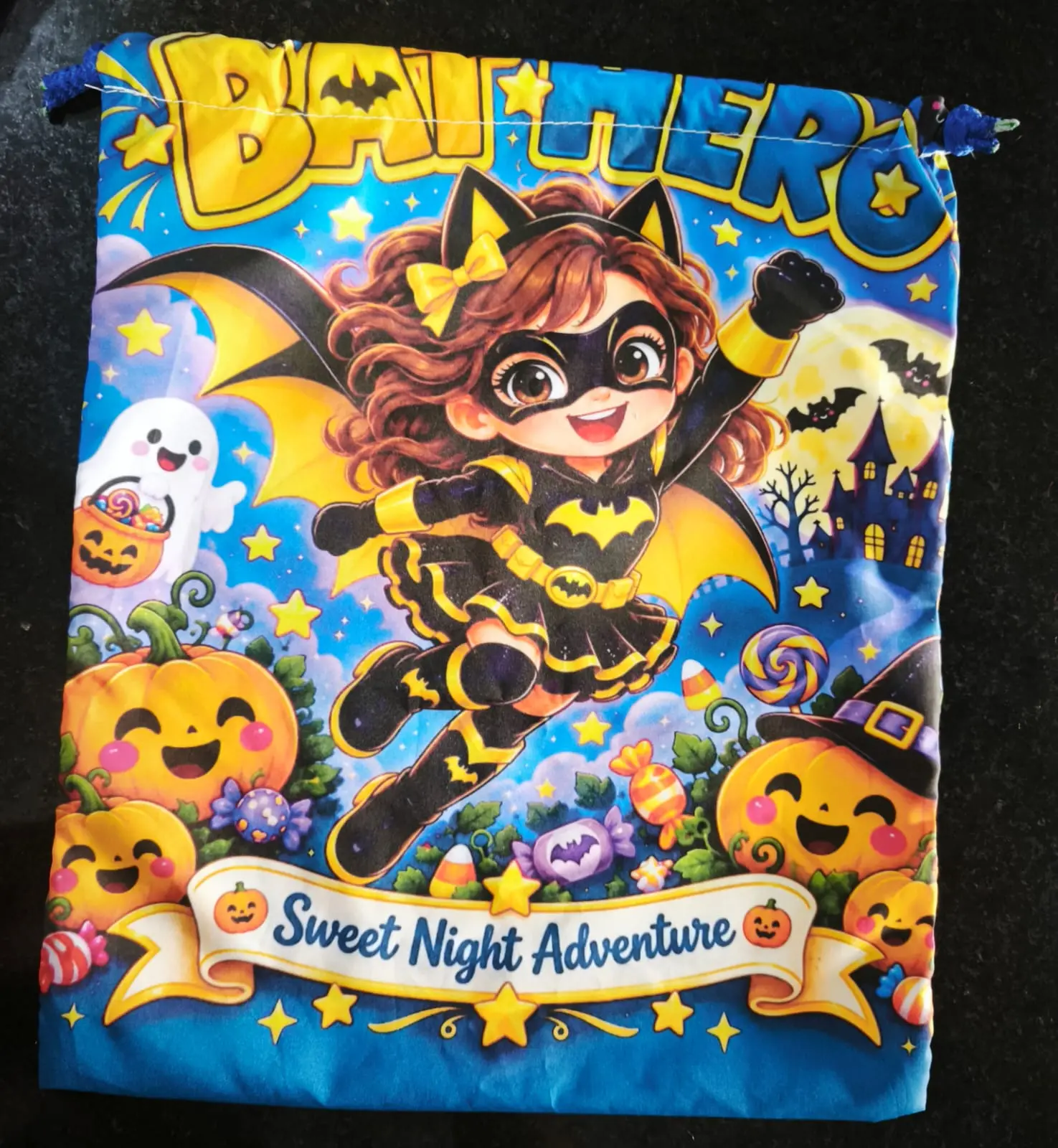 Bolsa de tela azul con cordón para Halloween, diseño infantil de superhéroe murciélago y calabazas con dulces, fondo nocturno.
