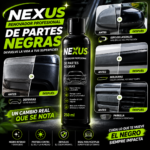 Botella negra de 250 ml de renovador para partes negras de autos, con ejemplos de antes y después en espejos, defensas, molduras y parrilla.