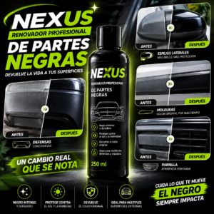 Botella negra de 250 ml de renovador para partes negras de autos, con ejemplos de antes y después en espejos, defensas, molduras y parrilla.