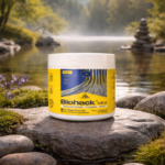 Tarro blanco de Biohack Mind sobre roca húmeda junto al arroyo en un paisaje natural de montaña con bosque de pinos y niebla.