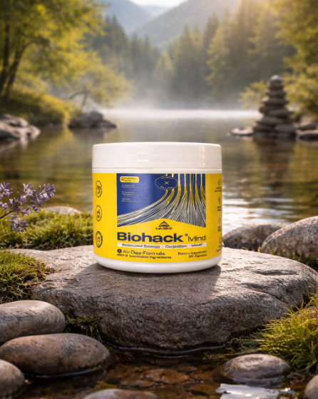Tarro blanco de Biohack Mind sobre roca húmeda junto al arroyo en un paisaje natural de montaña con bosque de pinos y niebla.