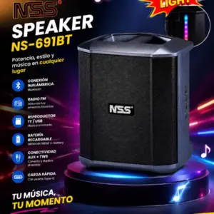 Parlante portátil Bluetooth gris con rejilla de tela negra y luces LED laterales, sobre base circular iluminada.