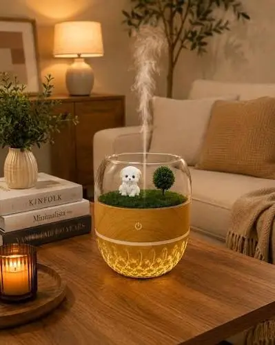 Humidificador ultrasónico esférico con relieve de montaña interior y luz LED cálida