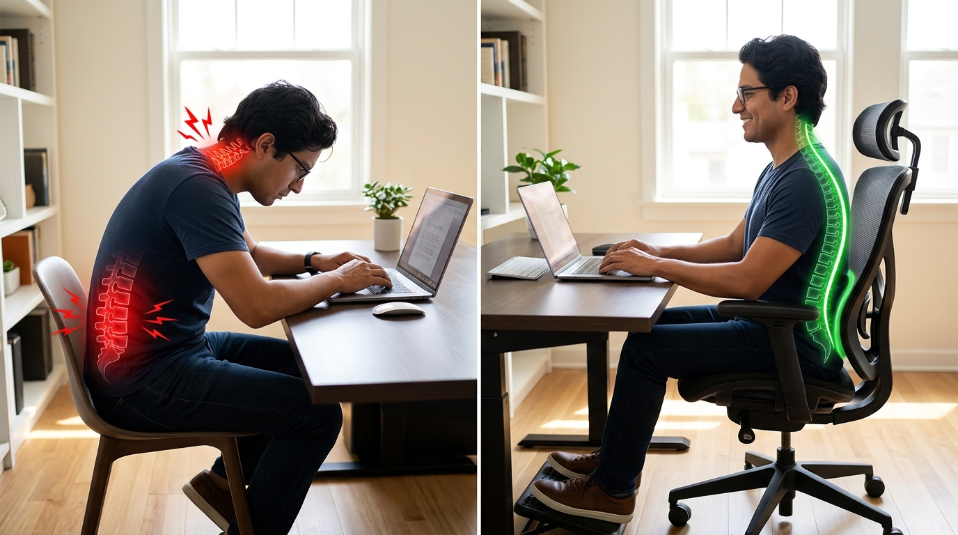 Comparativa médica entre postura encorvada con estrés en vértebras lumbares y postura ergonómica correcta con soporte en hombre latino