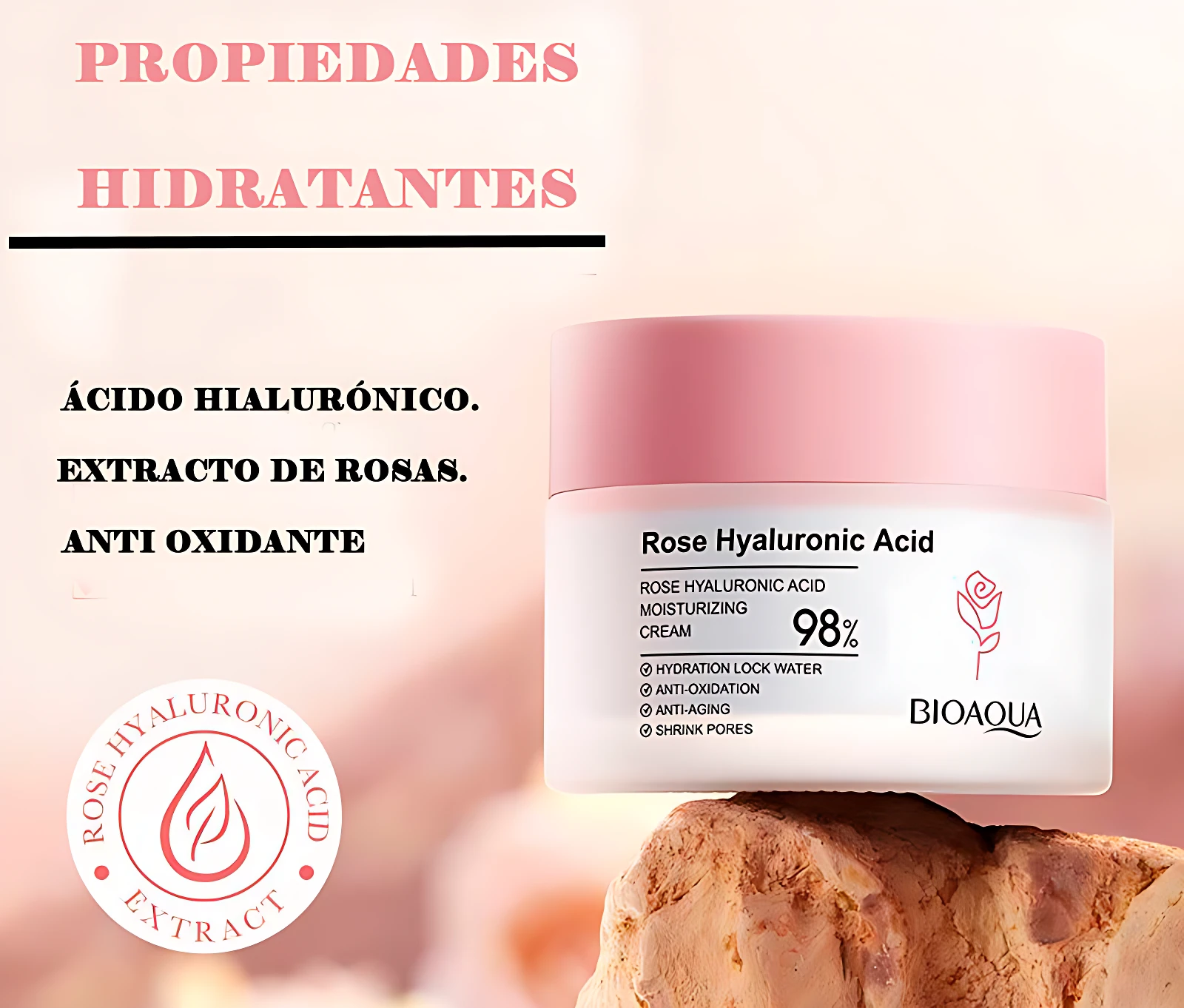 Crema hidratante Bioaqua Rose Hyaluronic Acid en tarro blanco con tapa rosa sobre una piedra, con extracto de rosas y ácido hialurónico.